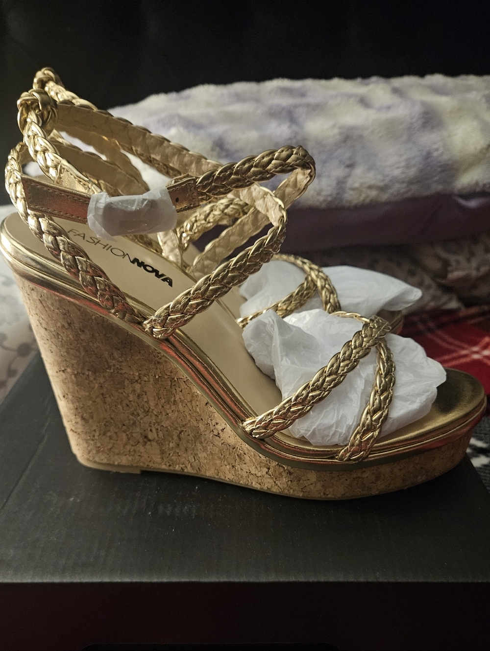NWT Fashion Nova Metallic Gold Braided Cork Wedge Sandals Size 8